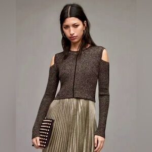 All Saints Shimmering Cold Shoulder Crop Top - Black and Gold